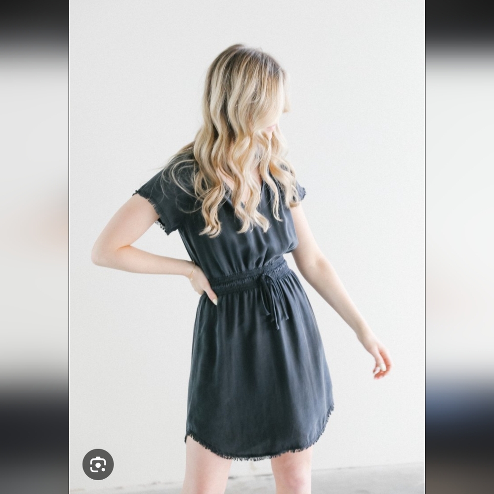 Bella Dahl Soraida Black Lyocel Gathered Waist Fringe Mini Dress Size Medium